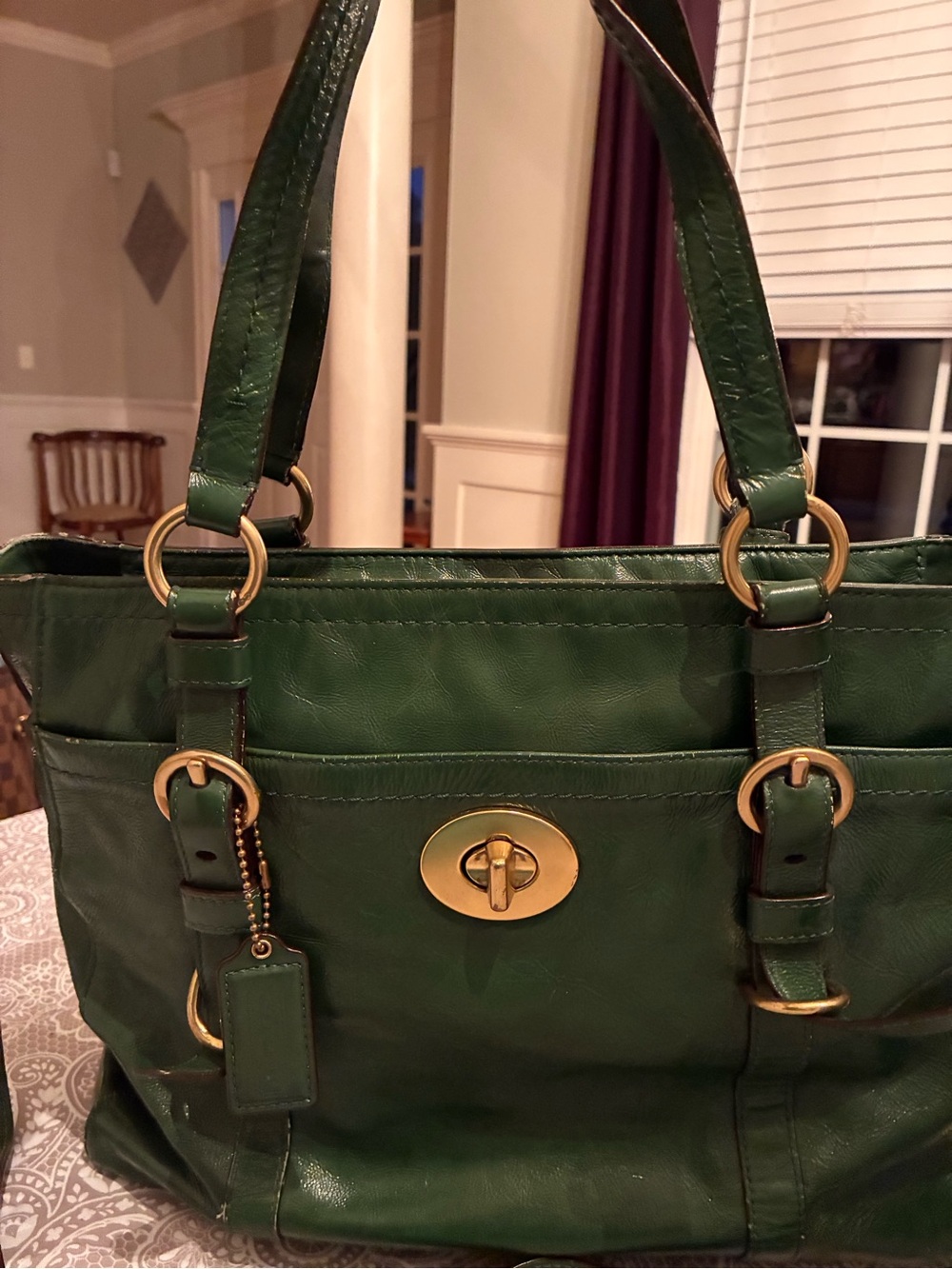 Coach Forest Green Leather Tote with Gold-Tone Hardware
